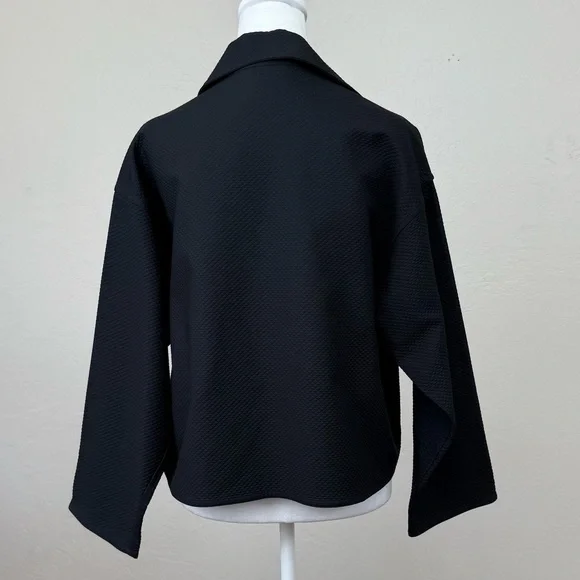 Vintage Zoran Textured Black Cotton Minimalist Boxy Open Blazer Jacket O/ S M L